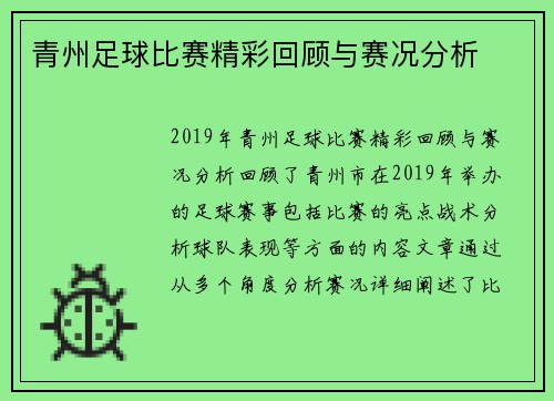 青州足球比赛精彩回顾与赛况分析